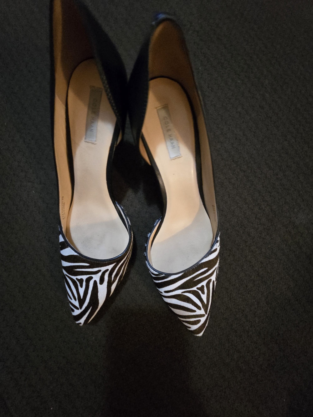 Cole Haan Black and White Zebra-Print Pointed Toe Pumps